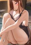  1girl :o absurdres ass barefoot black_one-piece_swimsuit blurry blurry_background blush breasts brown_hair cleavage collarbone glasses hair_over_one_eye head_tilt highres huge_breasts knees_up legs long_hair looking_at_viewer nicorima one-piece_swimsuit original purple_eyes sitting skindentation solo straight_hair swimsuit thick_thighs thighs very_long_hair 