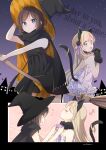  2girls adjusting_another&#039;s_clothes animal_ears animal_hands arm_up artist_name bat_(animal) black_cape black_dress black_gloves black_hair black_headwear blonde_hair blue_bow blue_bowtie blue_eyes bob_cut bow bowtie broom broom_riding cape cat_ears cat_tail cityscape closed_eyes closed_mouth commentary copyright_name dress eighth_note english_text flying_sweatdrops frilled_dress frills from_behind fur_collar gloves gokigen&#039;you_ikkyoku_ika_ga? green_eyes halloween halloween_costume hand_on_headwear hat highres kan&#039;nami_chise kitaouji_sae light_frown long_hair looking_at_viewer looking_back multiple_girls musical_note night night_sky open_mouth orange_cape orange_dress orange_headwear outdoors pantyhose paw_gloves short_dress short_hair short_sleeves signature sky smile star_(sky) starry_sky strapless strapless_dress tail tail_ornament tail_ring text_background two-sided_cape two-sided_dress two-sided_fabric two-sided_headwear unohana_tsukasa white_dress white_pantyhose witch_hat 