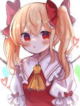  1girl :o absurdres alternate_hairstyle ascot blonde_hair blush collared_shirt dorowa_(drawerslove) flandre_scarlet frilled_ascot frilled_shirt_collar frilled_sleeves frills hair_between_eyes heart highres looking_at_viewer medium_hair open_mouth puffy_short_sleeves puffy_sleeves red_eyes red_vest shirt short_sleeves simple_background solo touhou twintails upper_body vest white_background white_shirt yellow_ascot 