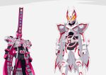  2boys absurdres armor bodysuit cape commentary_request complete_form_21 driver_(kamen_rider) grey_background helmet highres kamen_rider kamen_rider_decade kamen_rider_geats kamen_rider_geats_(series) kamen_rider_geats_ix male_focus multiple_boys otokamu pink_eyes standing yellow_eyes 