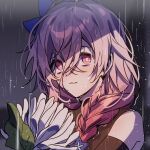  1girl black_dress blue_flower braid crossed_bangs daydreamer_(elsword) dress elsword flower hair_between_eyes hair_flower hair_ornament highres holding holding_flower laby_(elsword) long_hair looking_at_viewer pink_eyes pink_hair rain solo tkylv1683 upper_body wet wet_hair white_flower 