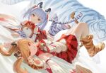  2girls :&lt; absurdres animal animal_ears animal_hands animal_print bai_(granblue_fantasy) bangs blonde_hair detached_sleeves dress gloves granblue_fantasy grey_hair grin high_collar highres huang_(granblue_fantasy) legs_up long_hair long_sleeves lying multiple_girls on_back on_stomach orange_eyes paw_gloves paw_shoes single_glove sleeveless sleeveless_dress smile tail tiger tiger_ears tiger_girl tiger_print tiger_tail twintails wang_man wide_sleeves 