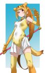  1girl absurdres animal_ears bare_shoulders blonde_hair bracelet circlet commentary elbow_gloves extra_ears from_below gloves golden_snub-nosed_monkey_(kemono_friends) gradient_gloves gradient_legwear gradient_leotard hair_between_eyes high_collar highres jewelry kemono_friends leotard looking_at_viewer monkey_ears monkey_girl monkey_tail multicolored_hair orange_gloves orange_hair orange_thighhighs pleated_skirt ponytail red_eyes sidelocks skirt sleeveless solo staff tail tanabe_(fueisei) thighhighs two-tone_gloves two-tone_leotard two-tone_thighhighs weapon white_hair white_leotard white_skirt yellow_gloves yellow_leotard yellow_thighhighs 