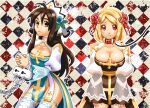  2girls ahoge arch_bishop_(ragnarok_online) blonde_hair blue_dress blue_flower blue_nails blush bow breasts brown_dress brown_eyes brown_hair checkered_background cleavage cleavage_cutout closed_mouth clothing_cutout commentary_request cowboy_shot cross cuffs dress expressionless fishnet_thighhighs fishnets flower frilled_thighhighs frills hair_between_eyes hair_bow hair_flower hair_ornament handcuffs interlocked_fingers juliet_sleeves large_breasts leaf_hair_ornament leash long_bangs long_hair long_sleeves looking_at_viewer medium_bangs multiple_girls multiple_hair_bows no_panties open_mouth own_hands_together pelvic_curtain pink_flower puffy_sleeves ragnarok_online red_bow red_eyes sash short_hair small_breasts swept_bangs thighhighs tokixwaa two-tone_dress white_dress white_thighhighs yellow_sash 