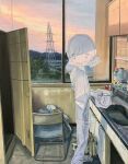 1other apron bottle chair door electric_kettle faucet foot_out_of_frame highres holding_kettle indoors kettle open_door orange_sky original pants papercraft power_lines sandals scenery sink sky solo standing swept_bangs tile_floor tiles tokunaga_aoi transmission_tower twilight window 