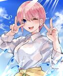  1girl :d blue_eyes blue_sky blush breasts clothes_around_waist cloud collared_shirt commentary_request double_v eyebrows_hidden_by_hair eyelashes go-toubun_no_hanayome hair_between_eyes hands_up happy highres large_breasts light_rays long_sleeves looking_at_viewer mame1645 nakano_ichika one_eye_closed open_mouth pink_hair round_teeth shirt short_hair sky smile solo teeth upper_body upper_teeth_only v water white_shirt 