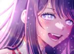  10ttruck 1girl blush commentary highres hoshino_ai_(oshi_no_ko) looking_at_viewer open_mouth oshi_no_ko portrait purple_eyes purple_hair signature smile solo star-shaped_pupils star_(symbol) symbol-shaped_pupils teeth 