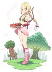  1girl apple bare_shoulders basket blush boots bow bow_(weapon) braid covered_nipples elf food forehead fruit grass groin hair_bow hatsunatsu holding holding_basket knee_boots leaf_bikini long_hair looking_at_viewer original parted_bangs parted_lips pink_footwear pointy_ears red_apple red_bow simple_background single_braid solo_focus stick tree very_long_hair weapon weapon_on_back white_background yellow_eyes 