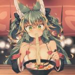  1girl animal_ear_fluff animal_ears black_ribbon bowl breasts chopsticks cleavage collarbone commentary_request crossed_bangs detached_sleeves eating egg food green_eyes green_hair hair_between_eyes hair_ribbon holding holding_chopsticks kuromiya kuromiya_raika large_breasts long_hair meat multicolored_hair noodles orange_hair original ribbon solo twitter_username two-tone_hair two_side_up upper_body 