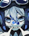  1girl bandaid bandaid_on_face bandaid_on_forehead bandaid_on_nose blue_eyes clenched_teeth finger_in_own_mouth gauze gauze_on_cheek goggles goggles_on_head hair_between_eyes highres looking_at_viewer original parted_lips portrait solo sweat teeth urokogaran white_hair 