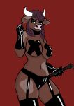  absurd_res angry anthro big_breasts bovid bovine breasts brown_body brown_fur cattle clothing dominant dominant_female ear_piercing facial_piercing female fur gloves hair handwear hi_res latex latex_gloves latex_stockings latex_thigh_highs looking_at_viewer mammal nose_piercing p999b panties pasties piercing pink_nose pinup pose purple_hair solo solo_focus thick_thighs underwear whip 