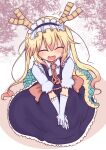  blonde_hair blue_dress blush closed_mouth collared_shirt commentary_request cool-kyou_shinja dragon_girl dragon_horns dragon_tail dress elbow_gloves gloves gradient_hair highres horns kobayashi-san_chi_no_maidragon long_sleeves maid maid_headdress multicolored_hair necktie open_mouth puffy_long_sleeves puffy_sleeves red_hair red_necktie shirt smile tail tohru_(maidragon) twintails white_gloves white_shirt 
