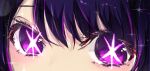  1girl attosand close-up commentary eye_focus hair_between_eyes hoshino_ai_(oshi_no_ko) light_particles looking_at_viewer oshi_no_ko parted_bangs purple_eyes purple_hair shadow solo sparkle star-shaped_pupils star_(symbol) symbol-shaped_pupils 