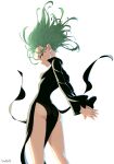 1girl absurdres arms_behind_back ass black_dress breasts dress floating_hair green_eyes green_hair highres legs one-punch_man popped_collar short_hair side_slit small_breasts solo stayaliveplz tatsumaki taut_clothes taut_dress thighs 