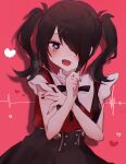  1girl :d ame-chan_(needy_girl_overdose) black_hair black_nails black_ribbon black_skirt blush breath cardiogram collared_shirt commentary_request drop_shadow hair_ornament hair_over_one_eye hair_tie hairclip hands_up heart heart_in_eye highres looking_at_viewer migimiya_yoru multicolored_nails neck_ribbon needy_girl_overdose open_mouth purple_eyes red_background red_nails red_shirt ribbon shirt shirt_tucked_in skirt smile solo suspender_skirt suspenders symbol_in_eye twintails x_hair_ornament 