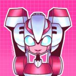  1girl arcee autobot backpack bag blue_eyes can&#039;t_be_this_cute helmet humanoid_robot looking_at_viewer pink_background red_lips robot solo transformers transformers_animated upper_body 