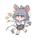  1girl animal_ears blush bow brown_dress brown_eyes brown_footwear cheese chibi crossed_bangs dress flying_sweatdrops food full_body grey_hair heart jewelry long_sleeves looking_at_viewer mouse mouse_ears mouse_girl mouse_tail nazrin necklace open_mouth primsla puffy_long_sleeves puffy_sleeves shoes short_hair sidelocks simple_background socks solo split_mouth standing standing_on_one_leg tail tail_bow tail_ornament touhou white_background white_sleeves white_socks yellow_bow 