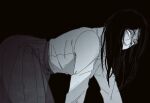  1girl all_fours commentary from_side greyscale hair_over_mouth hanpetos long_hair long_skirt looking_at_viewer monochrome pieck_finger pleated_skirt shingeki_no_kyojin skirt solo 