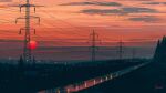  aenamiart artist_name building city cloud commentary english_commentary gradient_sky highres lamppost landscape light orange_sky original outdoors power_lines red_sun reflection reflective_water river scenery sky sun sunset transmission_tower tree vanishing_point 