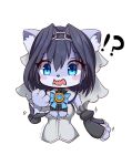  anthro black_hair blue_body blue_eyes blue_fur blush bow_ribbon breasts clothing domestic_cat dress exclamation_point felid feline felis female fluffy_ears fur hair hi_res hololive mammal open_mouth ouro_kronii question_mark roshi_chen short_hair simple_background solo surprised_expression vtuber 