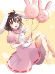  1girl :d ahoge animal_ears balloon barefoot black_hair dress flat_chest floppy_ears foot_out_of_frame frills holding holding_balloon holding_rabbit inaba_tewi looking_at_viewer open_mouth orange_background petite pink_dress puffy_short_sleeves puffy_sleeves rabbit rabbit_balloon rabbit_ears red_eyes short_hair short_sleeves simple_background smile solo teeth touhou upper_teeth_only user_rtxp2877 white_background 