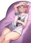  1girl absurdres aqua_eyes arm_above_head arm_up blunt_bangs breasts chiyoda_momo collarbone couch curvy eyebrows_hidden_by_hair fingernails hair_ornament hand_on_own_stomach highres kajitsu_no_hito legs_together lying machikado_mazoku on_back on_couch pink_hair shirt short_hair short_sleeves sick simple_background small_breasts solo sweat thermometer thighs white_background white_shirt 