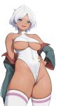  1girl absurdres ahoge areola_slip blush breasts clothing_cutout dark-skinned_female dark_skin green_eyes green_jacket grey_hair gundam gundam_suisei_no_majo hand_on_own_hip highres houkago_shounen jacket large_breasts leotard looking_at_viewer nipple_slip nipples partially_visible_vulva secelia_dote short_hair smile solo thighhighs thighs white_thighhighs zipper_pull_tab 