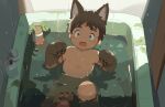  1suke 4_fingers 4_toes animal_arms animal_humanoid animal_legs arm_tattoo bathing blush blush_lines brown_body brown_fur brown_hair canid canid_humanoid canine canine_humanoid child detailed_background fangs feet fingers forehead_tattoo fur green_eyes hair humanoid inner_ear_fluff male mammal mammal_humanoid nipples partially_submerged pawpads shocked solo tattoo teeth toes tribal tuft white_inner_ear_fluff wolf_humanoid young 