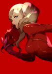  1girl ask_(askzy) blonde_hair blue_eyes bodysuit breasts commentary_request from_side gloves leaning_forward long_hair looking_at_viewer mask mask_removed medium_breasts persona persona_5 pink_gloves red_background red_bodysuit red_theme simple_background solo takamaki_anne twintails upper_body 