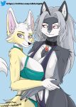  anthro breasts canid canine canis clothed clothing duo female female/female fur grey_body grey_fur hair hi_res mammal spike_the_furry white_body white_fur white_hair wolf yellow_body yellow_fur yumi_(wreckie) 