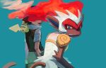  1boy aqua_background ash_ketchum blue_eyes colored_sclera commentary_request fire flame gloves green_pants infernape looking_at_viewer male_focus on_shoulder pants pikachu pokemon pokemon_(anime) pokemon_(creature) pokemon_dppt_(anime) pokemon_on_shoulder short_hair short_sleeves teeth tsukaenaina yellow_sclera 