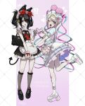  !? 2girls alternate_costume ame-chan_(needy_girl_overdose) animal_ears apron bag black_hair black_ribbon black_skirt black_socks blonde_hair blue_dress blue_footwear blue_hair bow chouzetsusaikawa_tenshi-chan claralukika collar collared_shirt cosplay demon_tail dress dual_persona fake_animal_ears full_body hair_bow hair_over_one_eye hair_tie heart heart_hands heart_hands_duo highres jirai_kei kuromi kuromi_(cosplay) long_hair looking_at_viewer maid_headdress medium_hair multicolored_hair multiple_girls my_melody my_melody_(cosplay) neck_ribbon needy_girl_overdose open_mouth pink_hair platform_footwear quad_tails rabbit_ears red_shirt ribbon sanrio shirt shirt_tucked_in short_sleeves skirt smile socks standing standing_on_one_leg suspender_skirt suspenders tail twintails very_long_hair waist_apron white_apron white_collar wrist_cuffs 