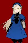  1girl black_gloves black_shorts blonde_hair blue_dress blue_hairband book butterfly_hair_ornament closed_mouth dress elbow_gloves gloves hair_ornament hairband highres holding holding_book lavenza_(persona_5) long_hair persona persona_5 red_background shorts shorts_under_dress simple_background solo um_zum very_long_hair yellow_eyes 