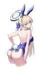  1girl absurdres animal_ears ass back bare_shoulders blonde_hair blue_archive blue_eyes blue_leotard braid breasts detached_collar earpiece fake_animal_ears fake_tail french_braid hair_ribbon highleg highleg_leotard highres leotard long_hair looking_at_viewer looking_back medium_breasts official_alternate_costume playboy_bunny rabbit_ears rabbit_tail ribbon solo spider_apple strapless strapless_leotard tail thighhighs thighs toki_(blue_archive) toki_(bunny)_(blue_archive) very_long_hair wrist_cuffs 