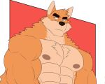  2023 abs anthro biceps blackclown00 blue_eyes canid canine canis clothed clothing deltoids domestic_dog eye_roll eyebrows flexor_carpi fur male mammal muscular muscular_anthro muscular_male nipples obliques orange_body orange_fur otake pecs red_background simple_background solo thick_eyebrows topless triceps 