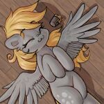  2023 ^3^ blonde_hair blonde_mane cutie_mark derpy_hooves_(mlp) digital_media_(artwork) equid equine eyebrows eyelashes eyes_closed feathered_wings feathers female feral food freckles friendship_is_magic fur grey_body grey_feathers grey_fur hair hasbro hi_res krista-21 lying mammal mane muffin my_little_pony on_back pegasus spread_wings wings 