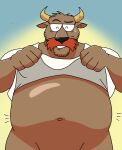  2023 anthro belly big_belly black_nose bovid bovine cattle clothing eyewear facial_hair glasses hi_res humanoid_hands kemono kmhr_889012 male mammal mustache navel overweight overweight_male shirt simple_background solo topwear 