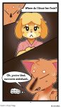  absurd_res animal_crossing anthro canid canine canis clothed clothing comic crazy_redd dialogue domestic_dog duo female fox halftone halftone_background hi_res isabelle_(animal_crossing) male mammal nintendo partially_clothed pattern_background simple_background starabbit 
