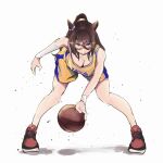  1girl animal_ears arm_warmers ball bare_legs basketball basketball_(object) basketball_jersey bent_over blue_eyes breasts brown_hair cleavage domino_mask dribbling_(basketball) el_condor_pasa_(umamusume) full_body highres horse_ears horse_girl large_breasts legs_apart long_hair los_angeles_lakers mask nike shirt shoes shorts single_arm_warmer sneakers solo thighs todoroki_mushi umamusume white_wristband yellow_shirt yellow_shorts 