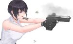  1girl :d absurdres arm_tattoo bare_shoulders belt black_belt black_choker black_hair blue_eyes breasts choker collared_shirt d-sawa613 dress_shirt ear_piercing finger_on_trigger firing fk_brno_field_pistol gloves grey_gloves grey_pants gun hair_between_eyes handgun highres holding holding_gun holding_weapon medium_breasts motion_blur o-ring o-ring_choker original pants piercing reflex_sight shell_casing shirt short_hair simple_background sleeveless sleeveless_shirt smile smoke snap-fit_buckle solo tattoo upper_body weapon white_background white_shirt 