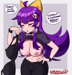  1girl absurdres ahoge black_lips black_nails black_pants blush bow bra bra_removed breasts closed_eyes closed_mouth earrings facing_viewer hair_bow hand_on_hip highres holding holding_bra holding_clothes holding_underwear jewelry large_breasts long_hair navel nipple_piercing nipples original pants piercing purple_hair sarukaiwolf solo speech_bubble underwear yellow_bow 