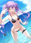  1girl absurdres bikini black_bikini breasts demon_tail fang green_eyes hair_ornament hairclip highres hololive leg_tattoo long_hair looking_at_viewer medium_breasts multicolored_hair navel navel_piercing ocean one_eye_closed open_mouth piercing pink_hair purple_hair shimo_(shimo332215) smile solo stomach streaked_hair swimsuit tail tattoo thigh_strap tokoyami_towa twintails virtual_youtuber 