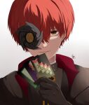  1boy alternate_hair_color asuka_r._kreutz black_gloves card compass_rose_halo gloves guilty_gear guilty_gear_strive halo highres hijigashimon holding holding_card long_sleeves looking_at_viewer male_focus red_hair short_hair simple_background smile upper_body yellow_eyes 