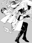  2boys ahoge book book_holster boots braid braided_bangs bungou_to_alchemist cape closed_mouth collared_shirt crossed_arms crying crying_with_eyes_open dazai_osamu_(bungou_to_alchemist) desperation envelope flying_paper from_side full_body fur-trimmed_cape fur_trim grey_background greyscale hadanugi_dousa hair_between_eyes holding holding_paper holding_scroll japanese_clothes kimono long_sleeves looking_at_another looking_to_the_side male_focus monochrome multiple_boys open_mouth pants paper pinstripe_pattern pinstripe_shirt satou_haruo_(bungou_to_alchemist) scroll shirt short_hair sideways_mouth simple_background striped sweatdrop tears teeth upper_teeth_only vest wide-eyed yueno 