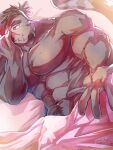  abs anthro bed black_body black_fur black_hair domestic_cat eyebrows felid feline felis fur furniture hair hi_res inviting inviting_under_covers lifewonders live_a_hero male mammal muscular muscular_anthro muscular_male navel pecs shimazanbagu thick_eyebrows tsuneaki 