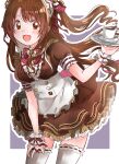  1girl :d absurdres apron arm_support blush border bow bowtie breasts brown_dress brown_eyes brown_hair coffee_cup cowboy_shot cup disposable_cup dress dress_bow frilled_dress frills grey_background hair_bow hair_ribbon hanada_(hanada0422) hand_up highres holding holding_tray idolmaster idolmaster_cinderella_girls idolmaster_cinderella_girls_starlight_stage layered_dress leaning_forward long_hair looking_at_viewer maid medium_breasts one_side_up open_mouth outside_border pink_bow pink_bowtie plate puffy_short_sleeves puffy_sleeves red_ribbon ribbon scrunchie shimamura_uzuki short_sleeves smile solo standing thighhighs tray waist_apron white_apron white_border white_headdress white_scrunchie white_thighhighs wrist_scrunchie zettai_ryouiki 