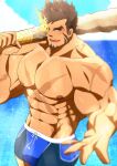  1boy abs bara beach beckoning blue_male_swimwear brown_hair bulge carrying_over_shoulder come_hither cowboy_shot cross_scar dark-skinned_male dark_skin facial_hair flaming_eye goatee heracles_(housamo) karakuraax large_pectorals looking_at_viewer male_focus male_swimwear mature_male muscular muscular_male mutton_chops navel nipples outstretched_hand over_shoulder pectorals reaching reaching_towards_viewer scar scar_on_chest short_hair sideburns smile solo sparkle_background stomach swim_briefs thick_eyebrows tokyo_afterschool_summoners v-taper weapon weapon_over_shoulder 