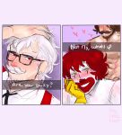  3boys absurdres anal bara big_boobie_town_(lsinbin) blush burger_king clothed_male_nude_male clown colonel_sanders goatee_stubble hand_in_own_hair head_out_of_frame heart highres implied_sex kfc large_pectorals looking_at_viewer loving_aura male_focus mature_male mcdonald&#039;s multiple_boys muscular muscular_male nipples nude old old_man parody_request pectorals red_eyes ronald_mcdonald sanpaku seductive_smile sex short_hair sideburns smile split_screen the_king_(burger_king) thick_eyebrows thick_mustache tiktok video_call white_hair yaoi 