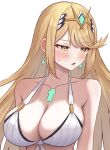  1girl alternate_costume bare_shoulders bikini blonde_hair blush breast_focus breasts chest_jewel cleavage commentary_request earrings headpiece highres jewelry large_breasts long_hair looking_to_the_side mythra_(xenoblade) open_mouth solo sweatdrop swept_bangs swimsuit taro_(peach_taro51) tiara tsundere upper_body very_long_hair xenoblade_chronicles_(series) xenoblade_chronicles_2 yellow_eyes 
