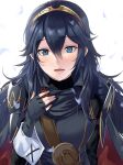  1girl ameno_(a_meno0) armor black_sweater blue_cape blue_eyes blue_gloves blue_hair blush cape fingerless_gloves fire_emblem fire_emblem_awakening gloves hair_between_eyes lips long_hair looking_at_viewer lucina_(fire_emblem) open_mouth pauldrons pink_lips red_cape ribbed_sweater shoulder_armor simple_background smile solo sweater tiara turtleneck turtleneck_sweater two-tone_cape white_background 